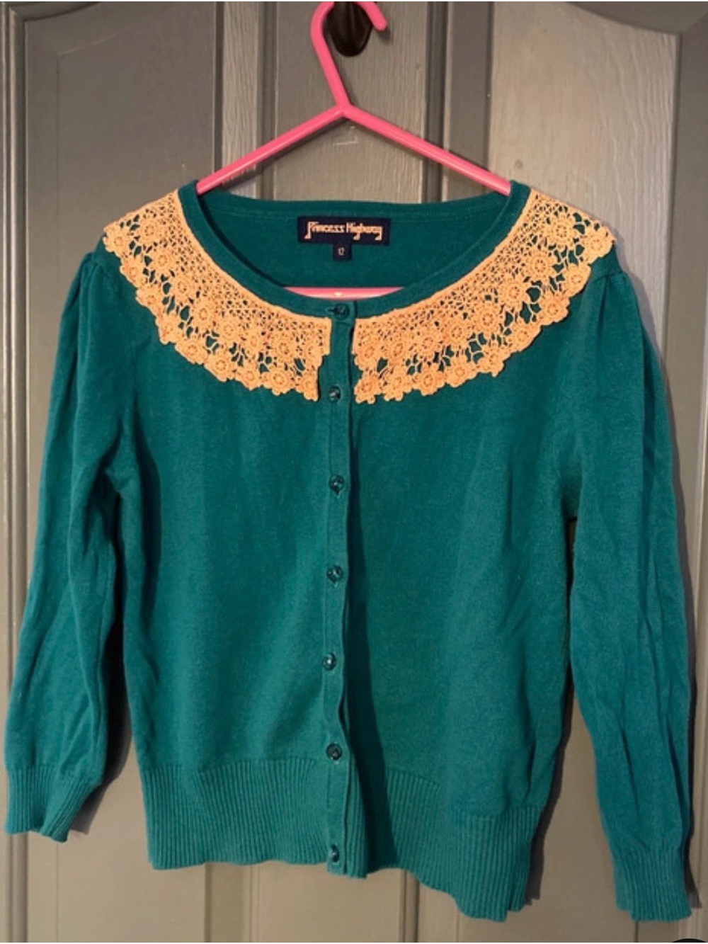 Princess Highway Teal Cotton Cardigan with Cream Crochet Collar